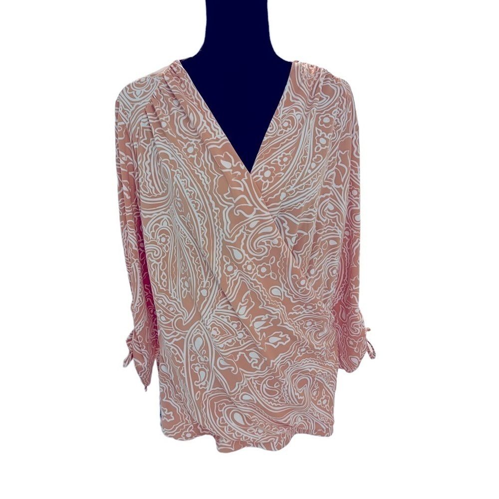 Bob Mackie Top Wrap Ruched Tie Sleeve Peach Paisley 1X